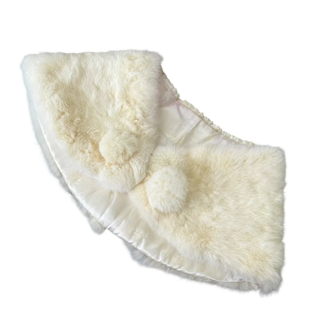 Vintage Cream Rabbit Fur Stole Wrap Bridal Wedding Shrug Pom Pom Detail Lined